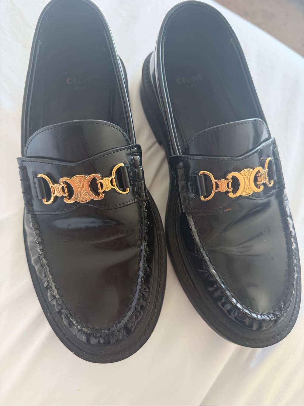 Celine Black Patent Leather Slip-On Loafers with Gold Chain